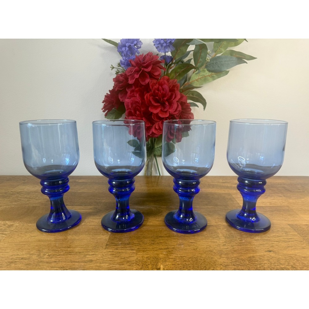 Vintage Cobalt Blue Stemmed Wine Glasses Set Smoky Blue Goblets Retro Barware